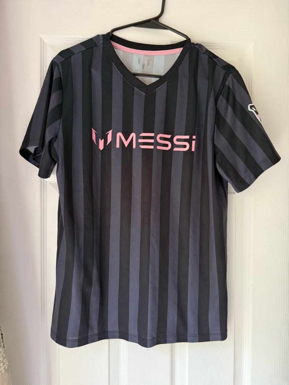 MESSI Kids' Black & Pink Striped Soccer Shirt